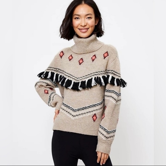 LOFT Sweaters - Lou & Grey LOFT Beige Turtleneck Fair Isle Fringe Sweater